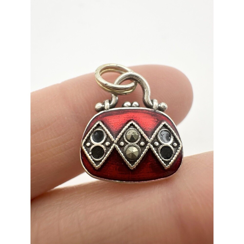 Vintage 925 Sterling Silver Marcasite Enamel Purse Charm
